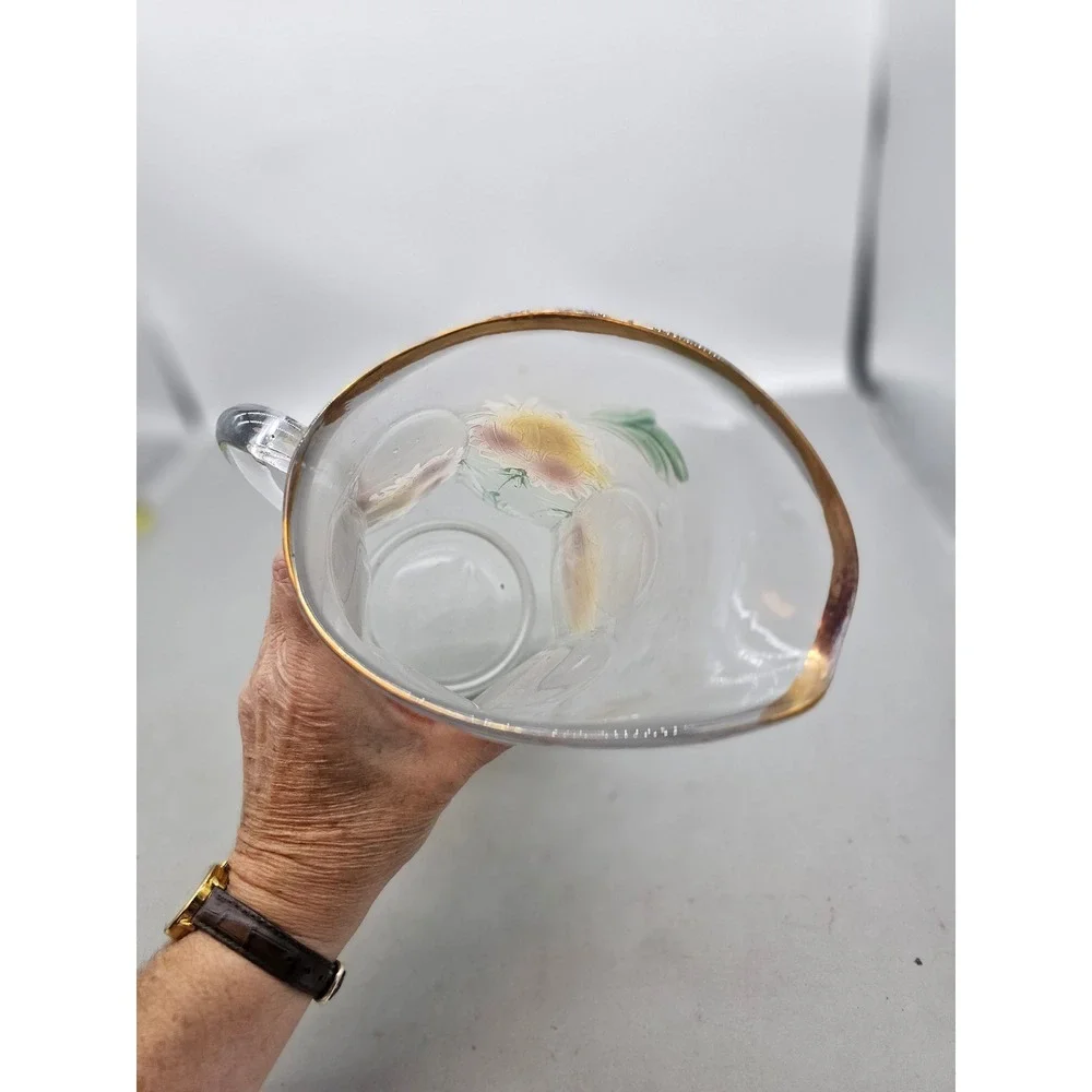 Antique Frosted Glass Pitcher Hand Painted Floral Gold Rim Victorian Art Glass